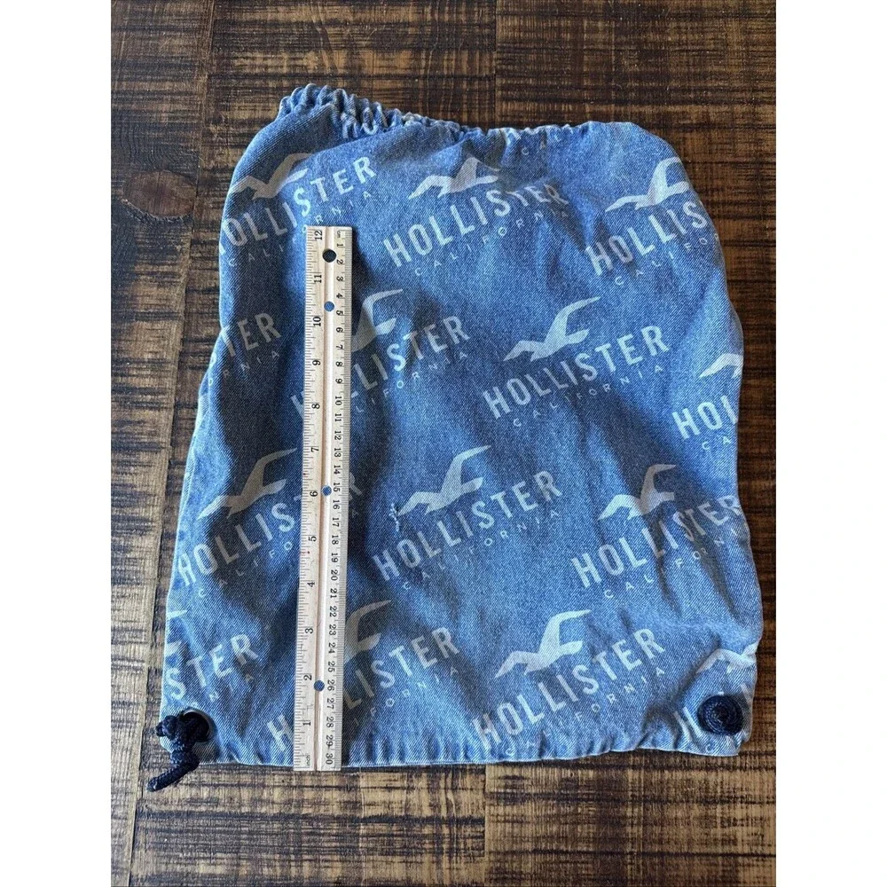 Hollister Blue Denim Drawstring Backpack Bag White Logo Y2K Sack Gym School Bag